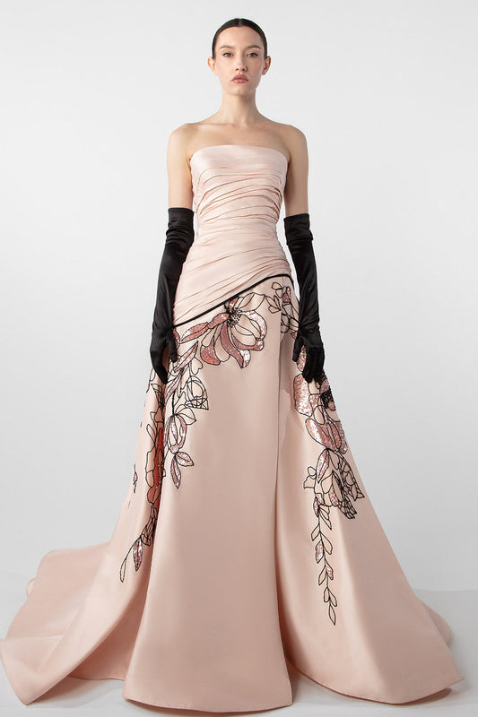 Embroidered Skirt Strapless Gown