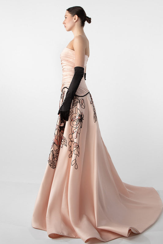 Embroidered Skirt Strapless Gown