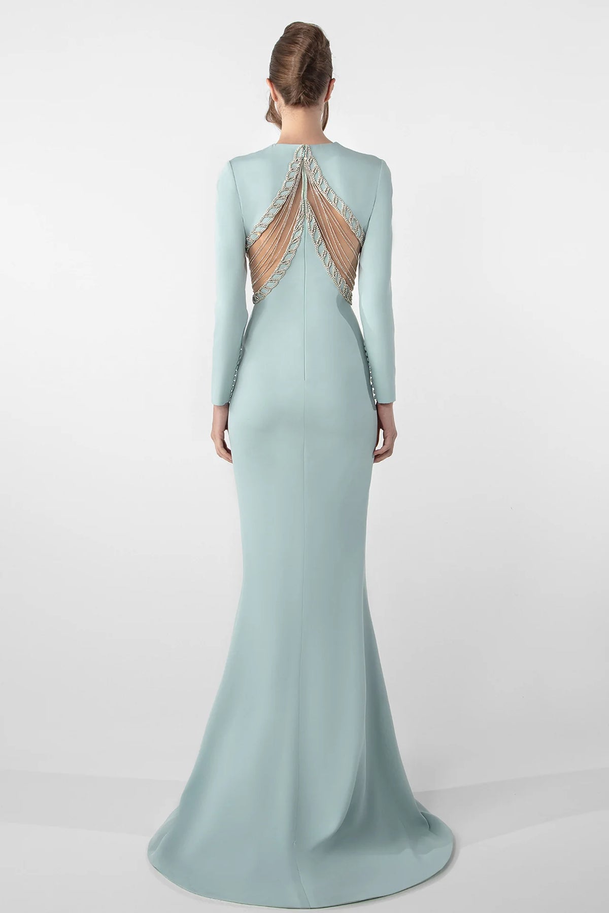 Fitted Crepe Gown with Embroidery