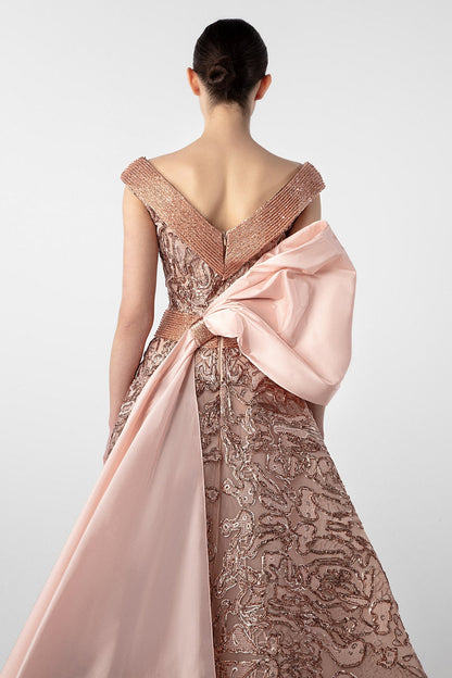 V-Neck Sequin Bow Gown