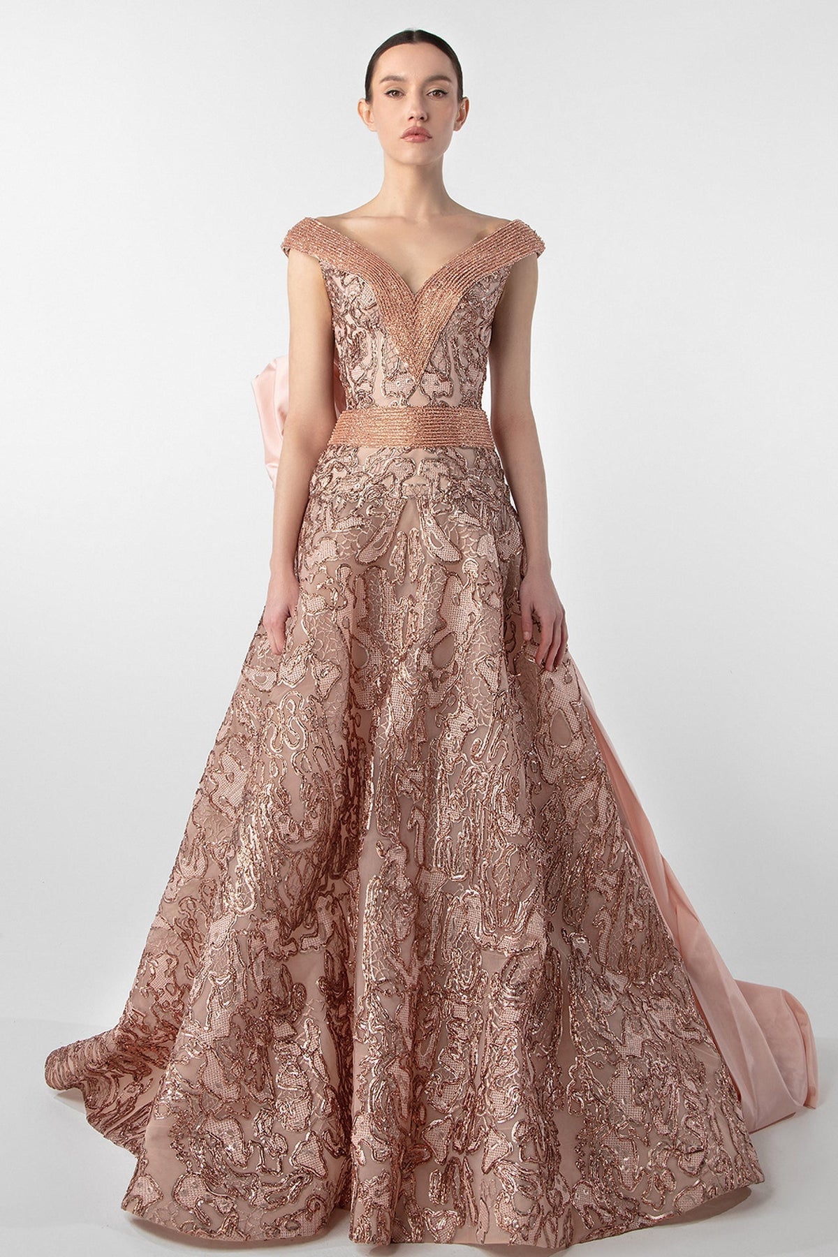 V-Neck Sequin Bow Gown