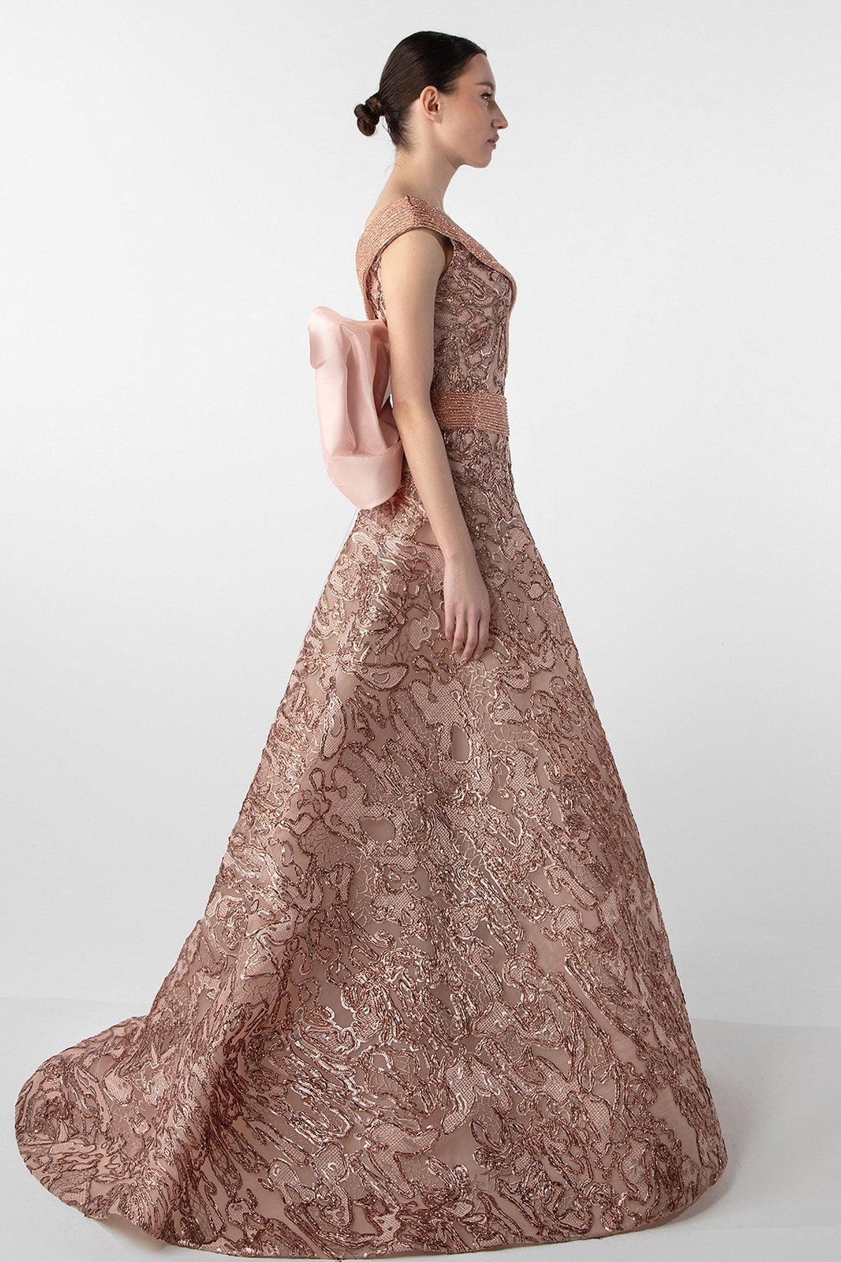 V-Neck Sequin Bow Gown