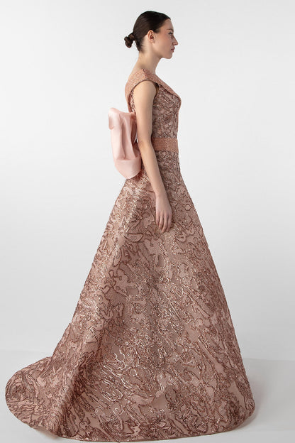 V-Neck Sequin Bow Gown