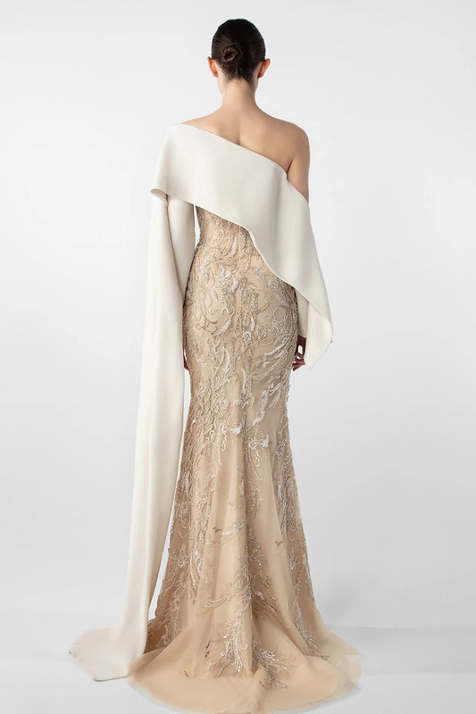 Draped Sleeve Embroidered Gown