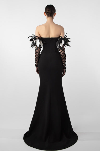 Feather-Embellished Crepe Gown
