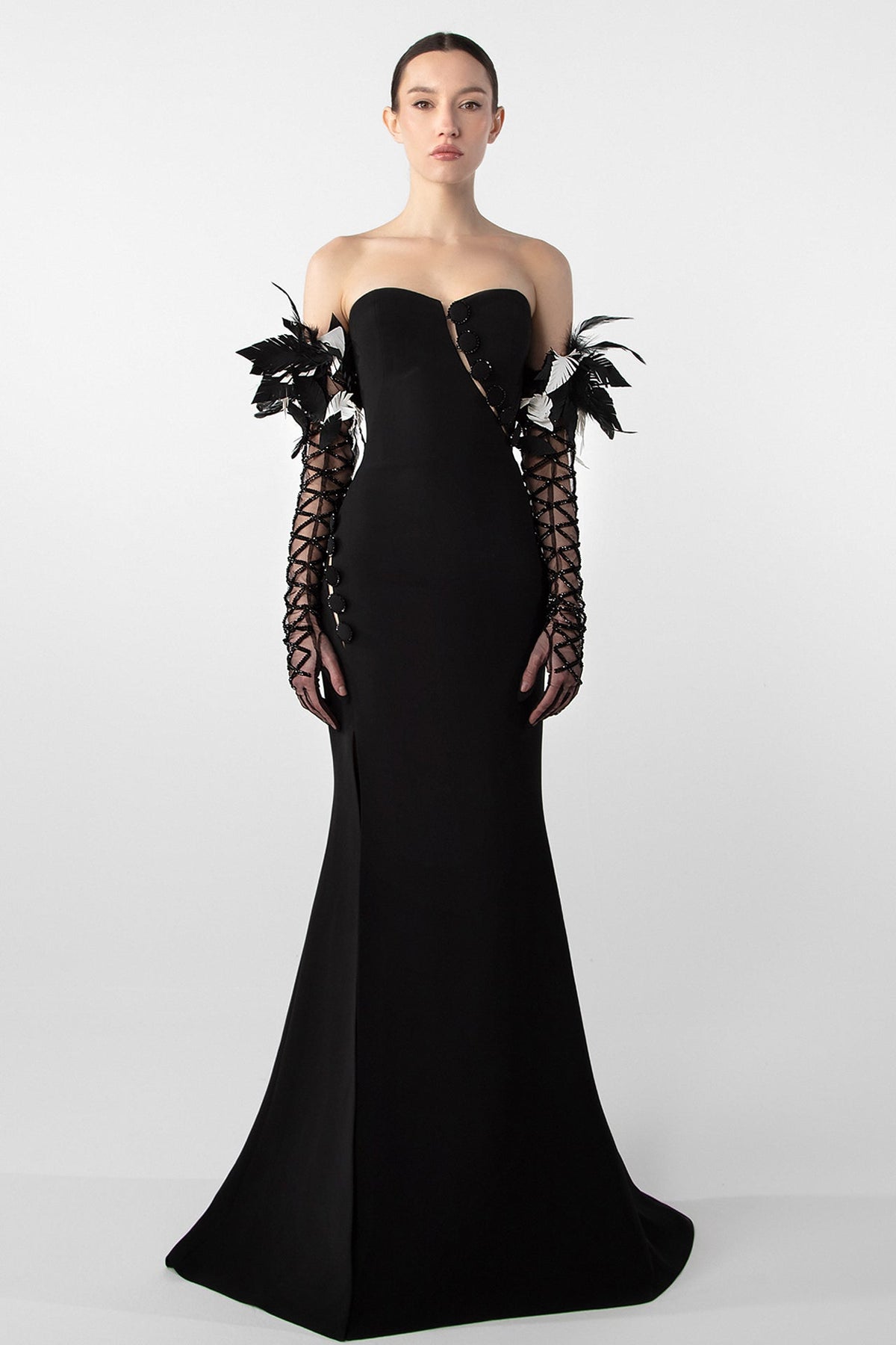 Feather-Embellished Crepe Gown