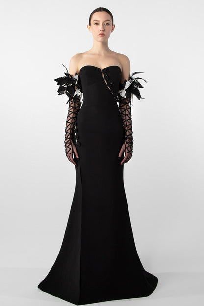 Feather-Embellished Crepe Gown