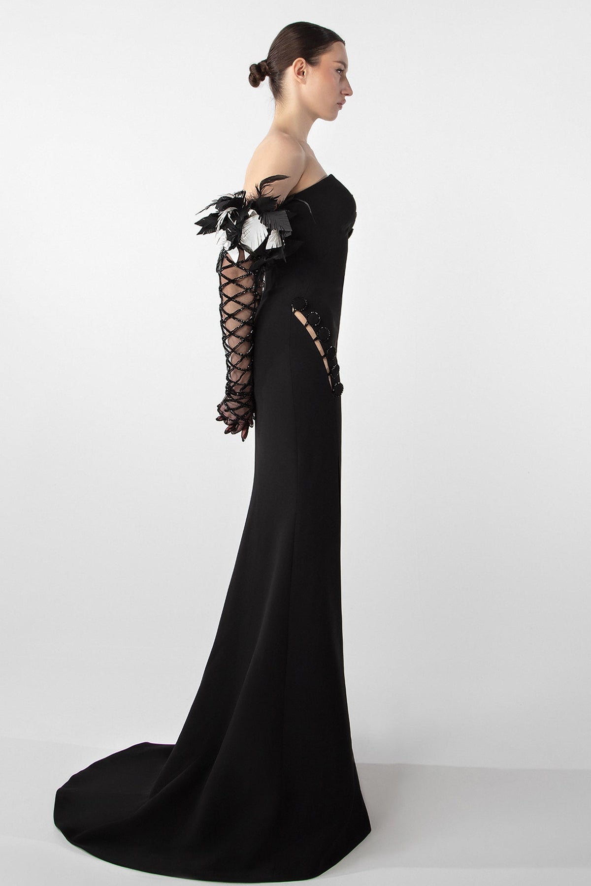 Feather-Embellished Crepe Gown