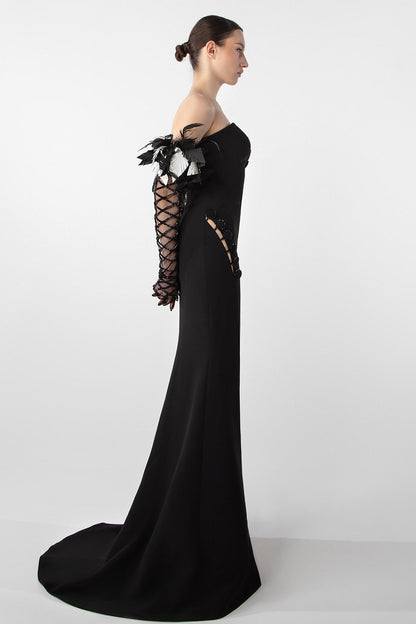 Feather-Embellished Crepe Gown