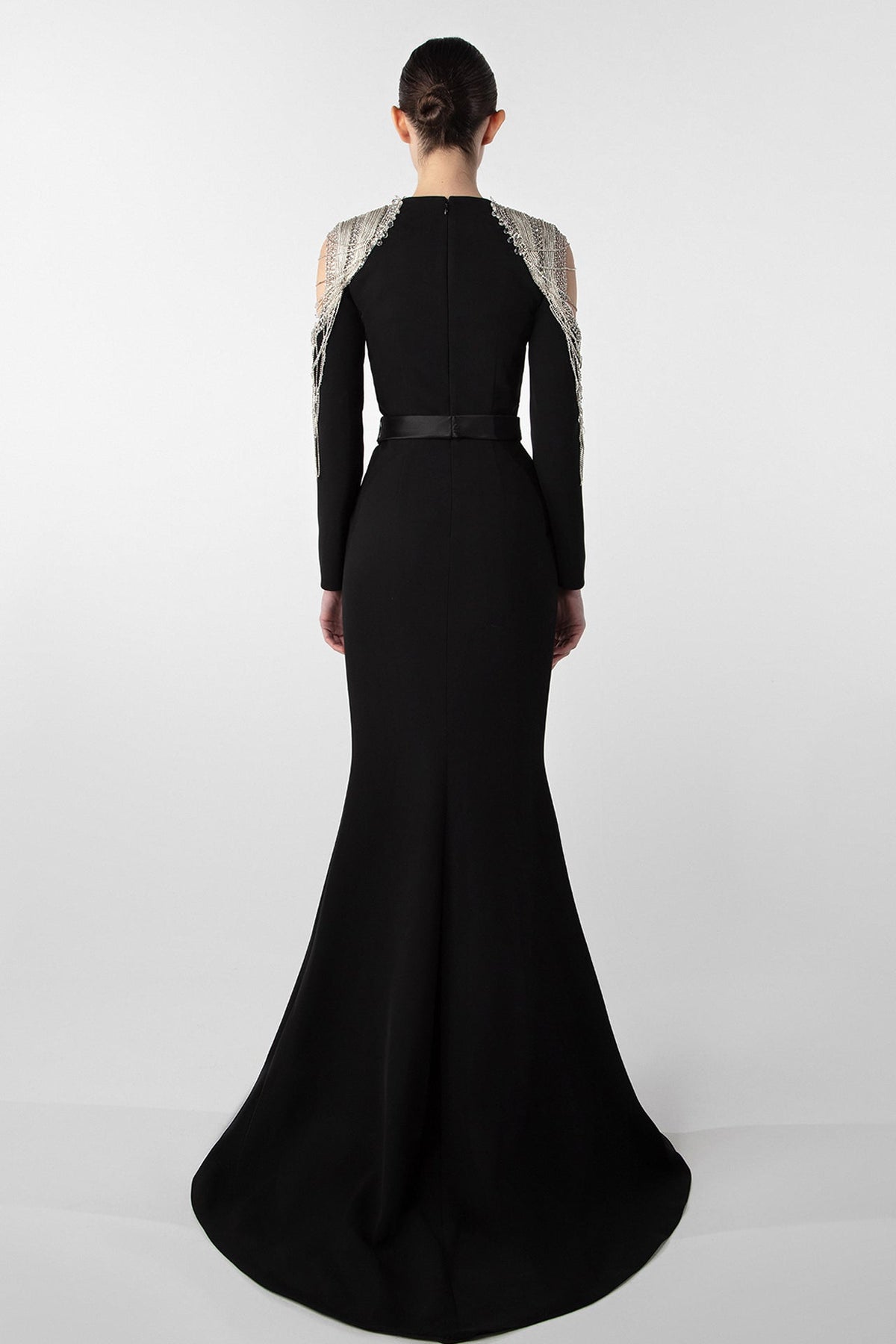 Chain-Shoulder Long-Sleeve Gown