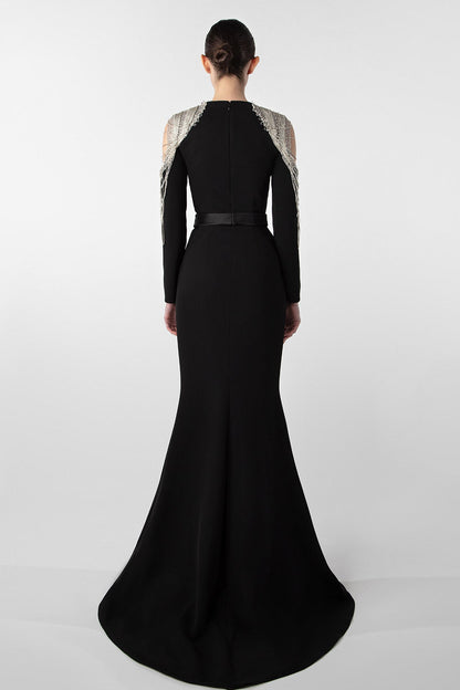 Chain-Shoulder Long-Sleeve Gown