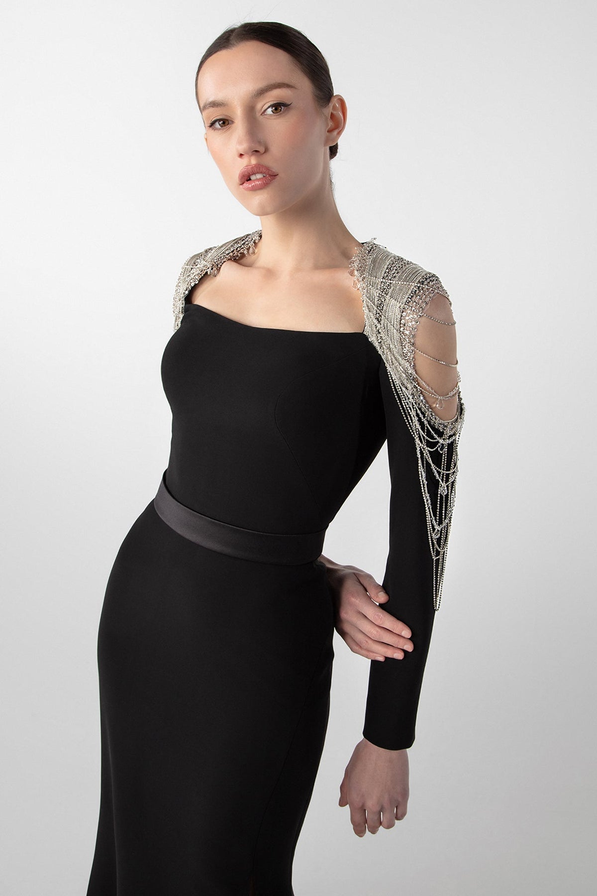 Chain-Shoulder Long-Sleeve Gown