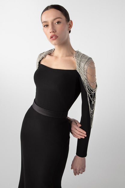 Chain-Shoulder Long-Sleeve Gown