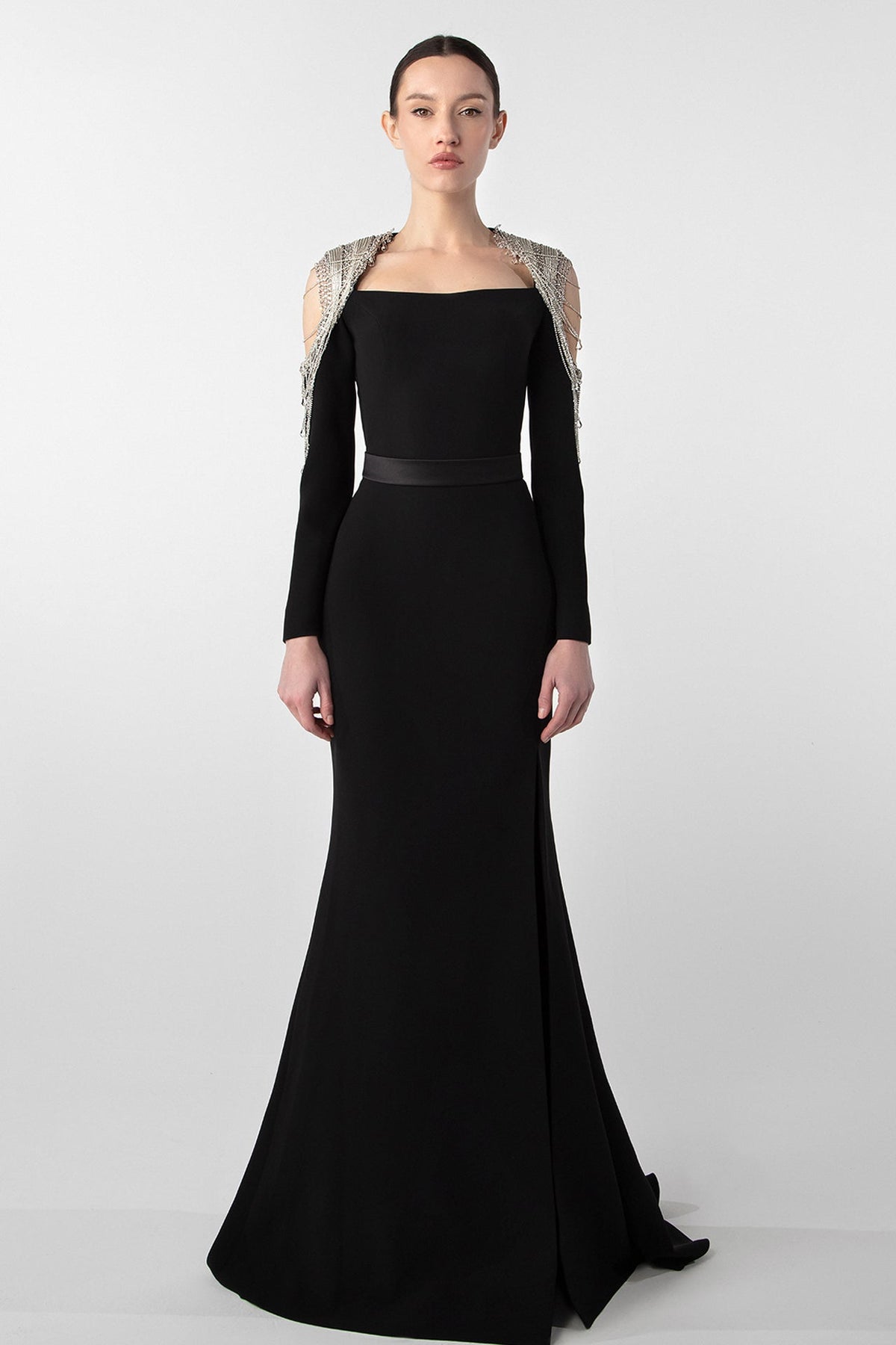 Chain-Shoulder Long-Sleeve Gown