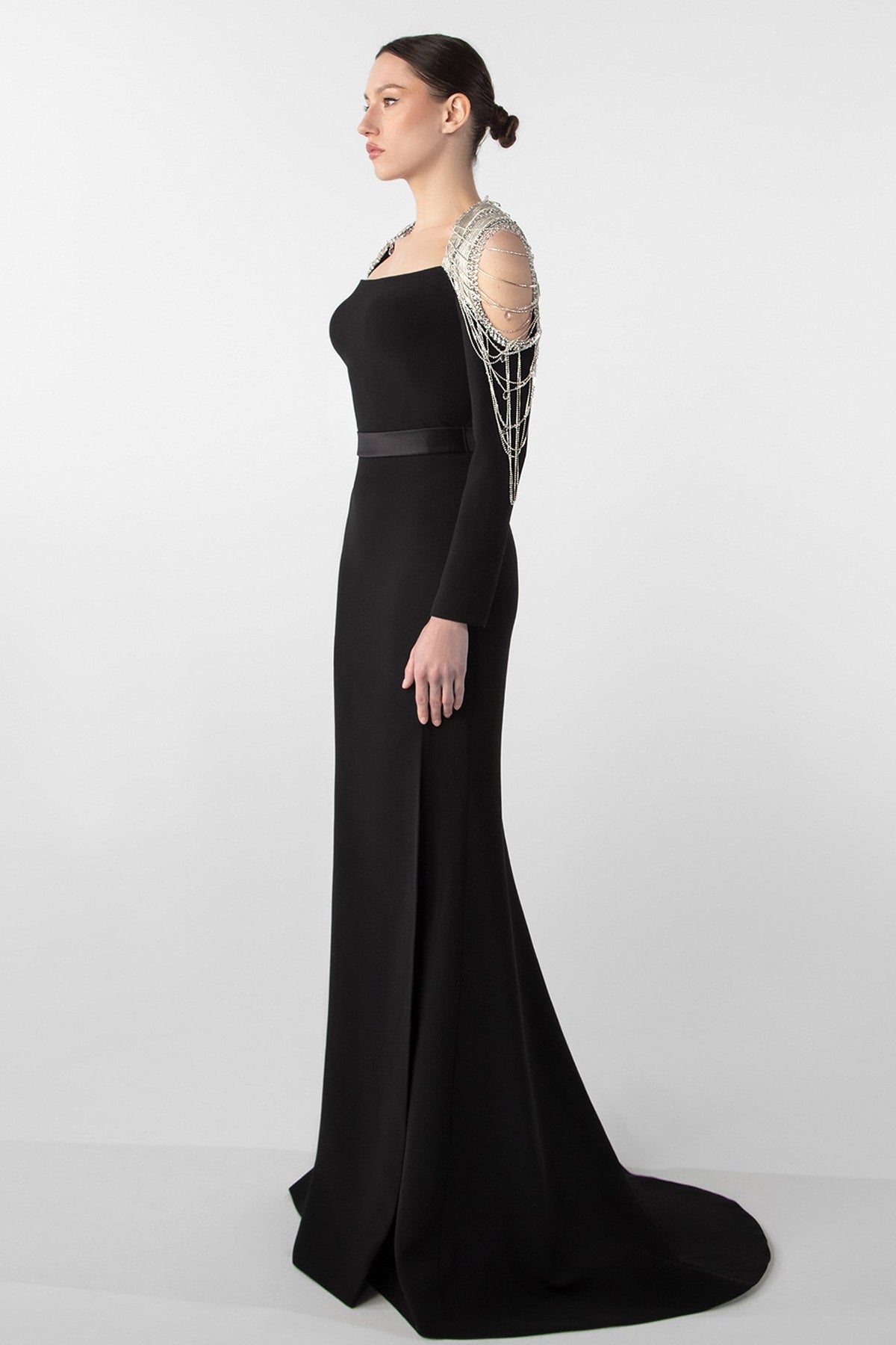 Chain-Shoulder Long-Sleeve Gown