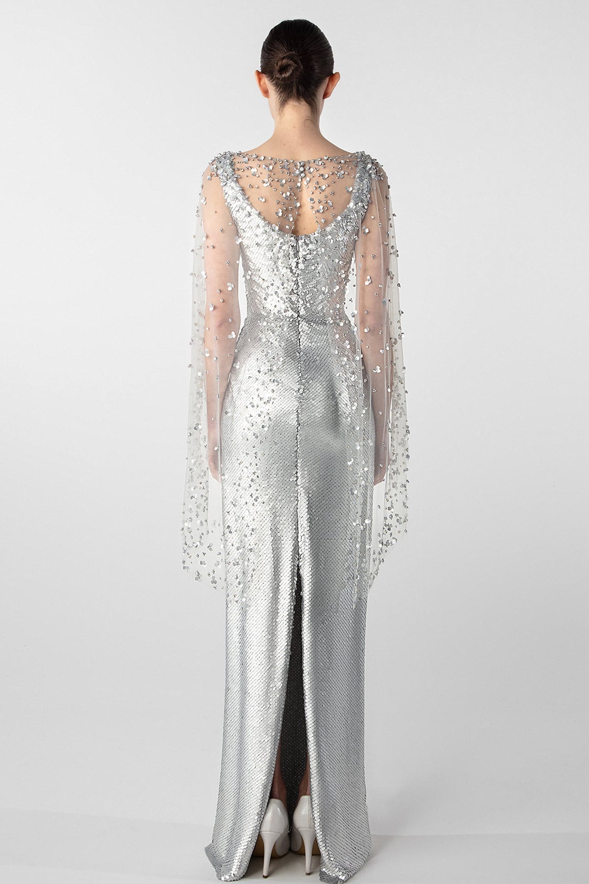 Sequin Cape-Sleeve Gown