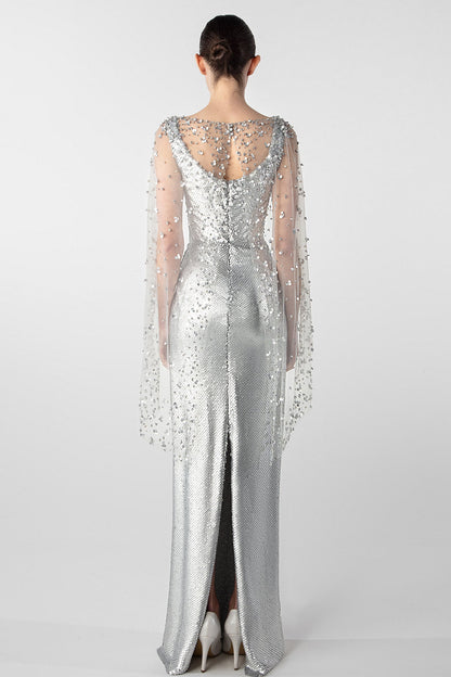Sequin Cape-Sleeve Gown