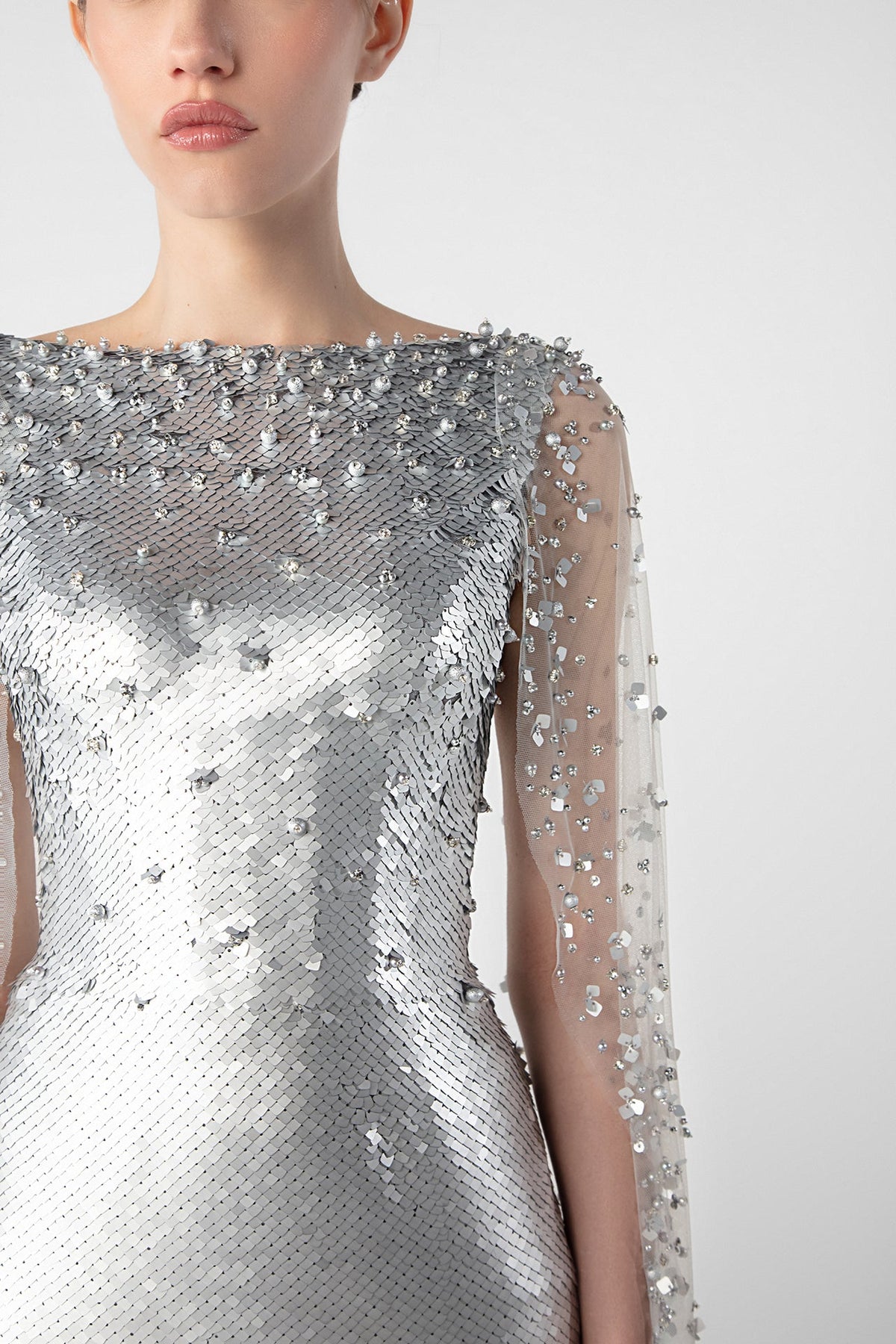 Sequin Cape-Sleeve Gown
