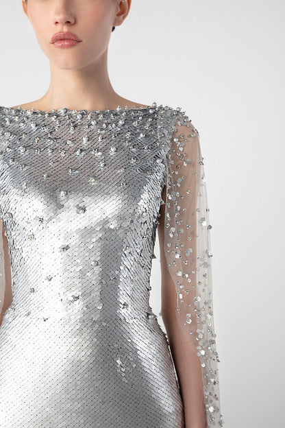 Sequin Cape-Sleeve Gown