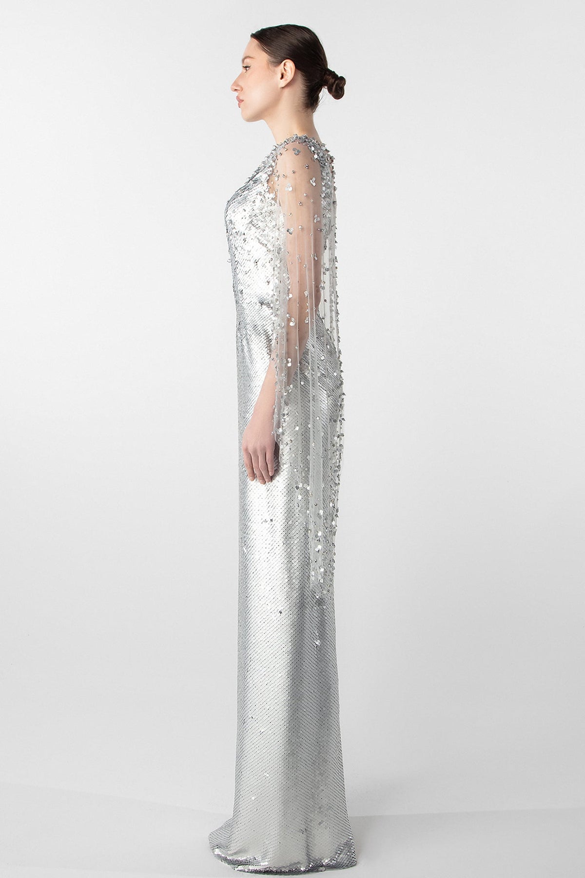 Sequin Cape-Sleeve Gown