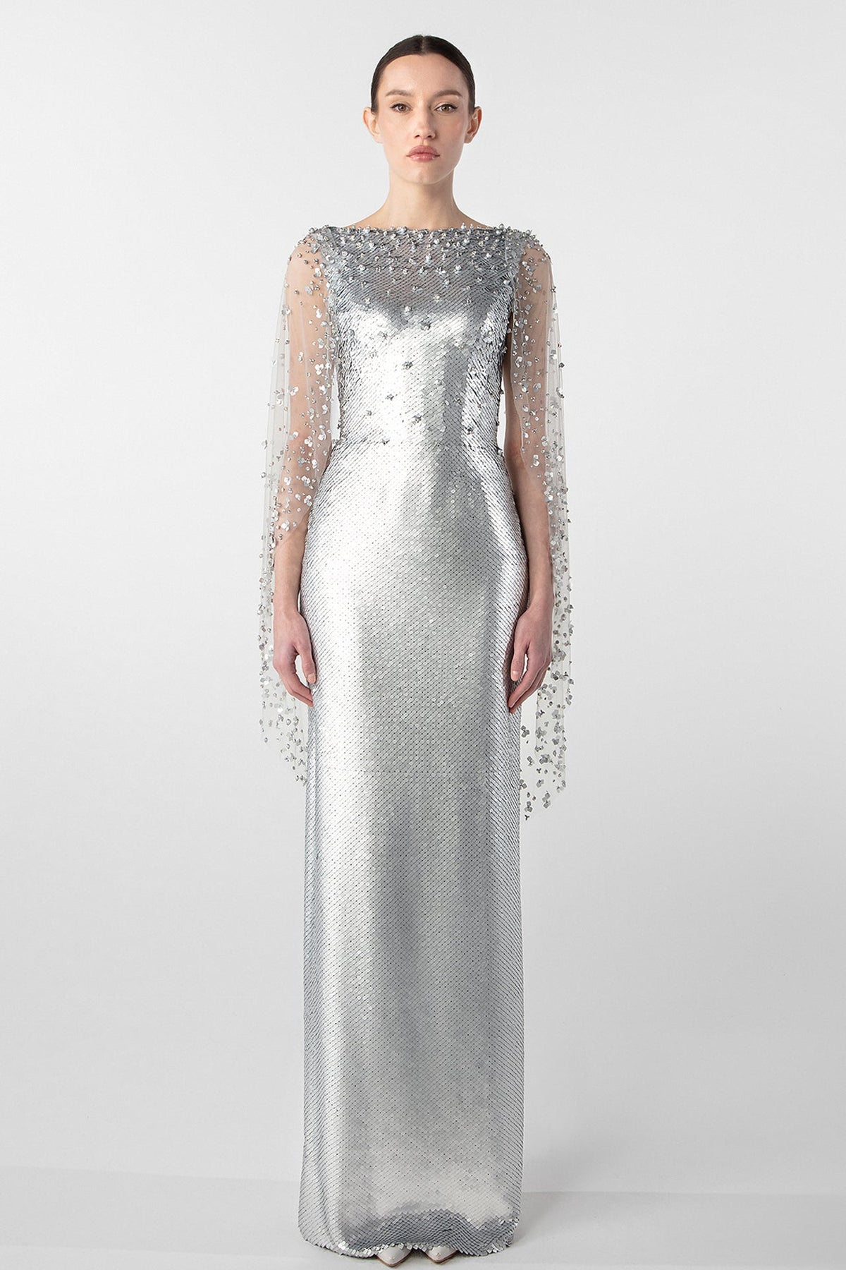 Sequin Cape-Sleeve Gown
