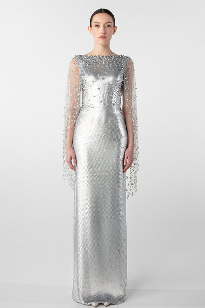 Sequin Cape-Sleeve Gown
