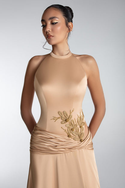 Draped-Hip Halter Gown