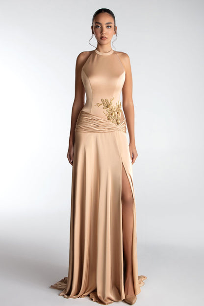 Draped-Hip Halter Gown