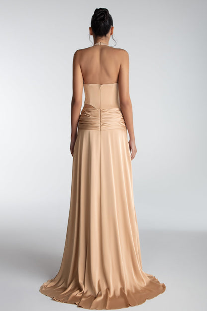 Draped-Hip Halter Gown