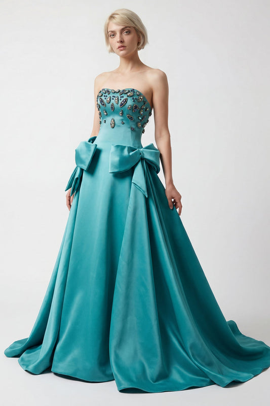 Strapless Crystal Bow Gown