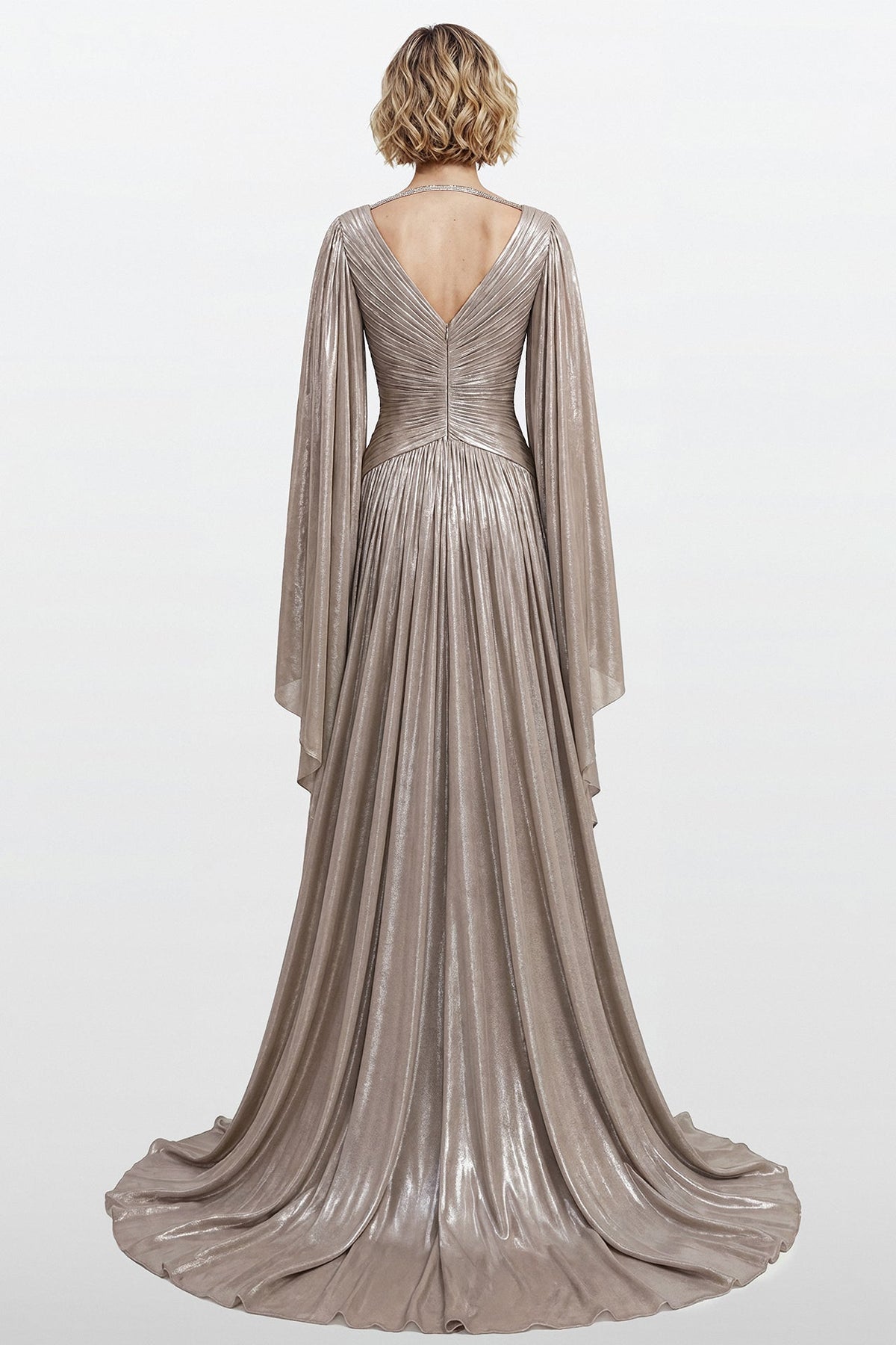 Pleated Lamé Cape-Sleeve Gown