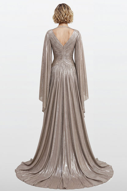 Pleated Lamé Cape-Sleeve Gown