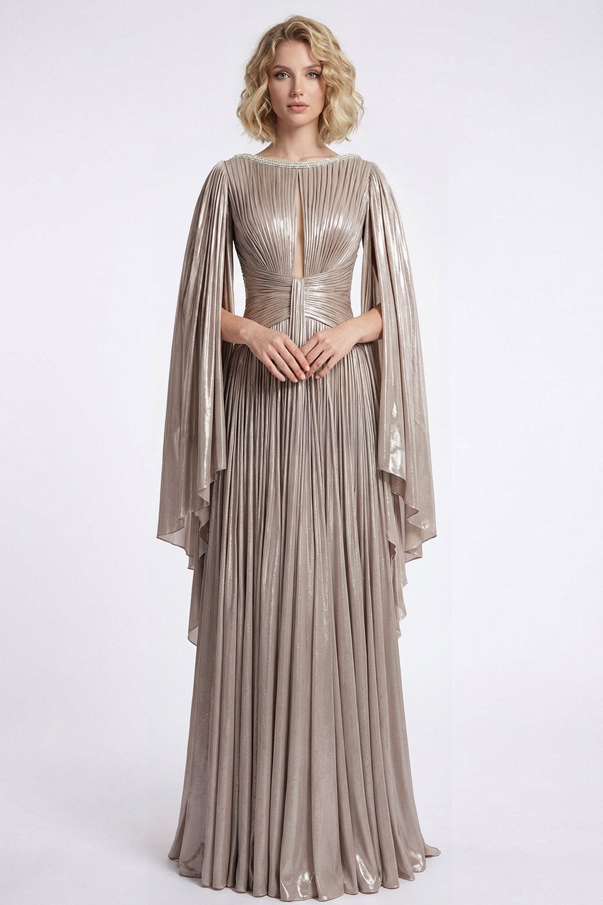 Pleated Lamé Cape-Sleeve Gown