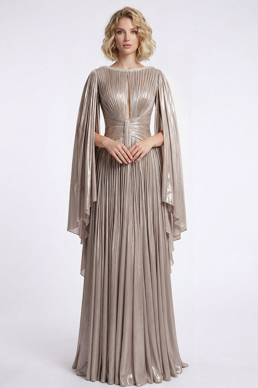 Pleated Lamé Cape-Sleeve Gown