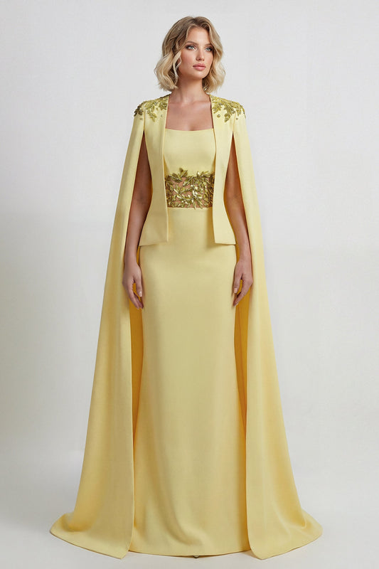 Leaf-Embroidered Cape Gown