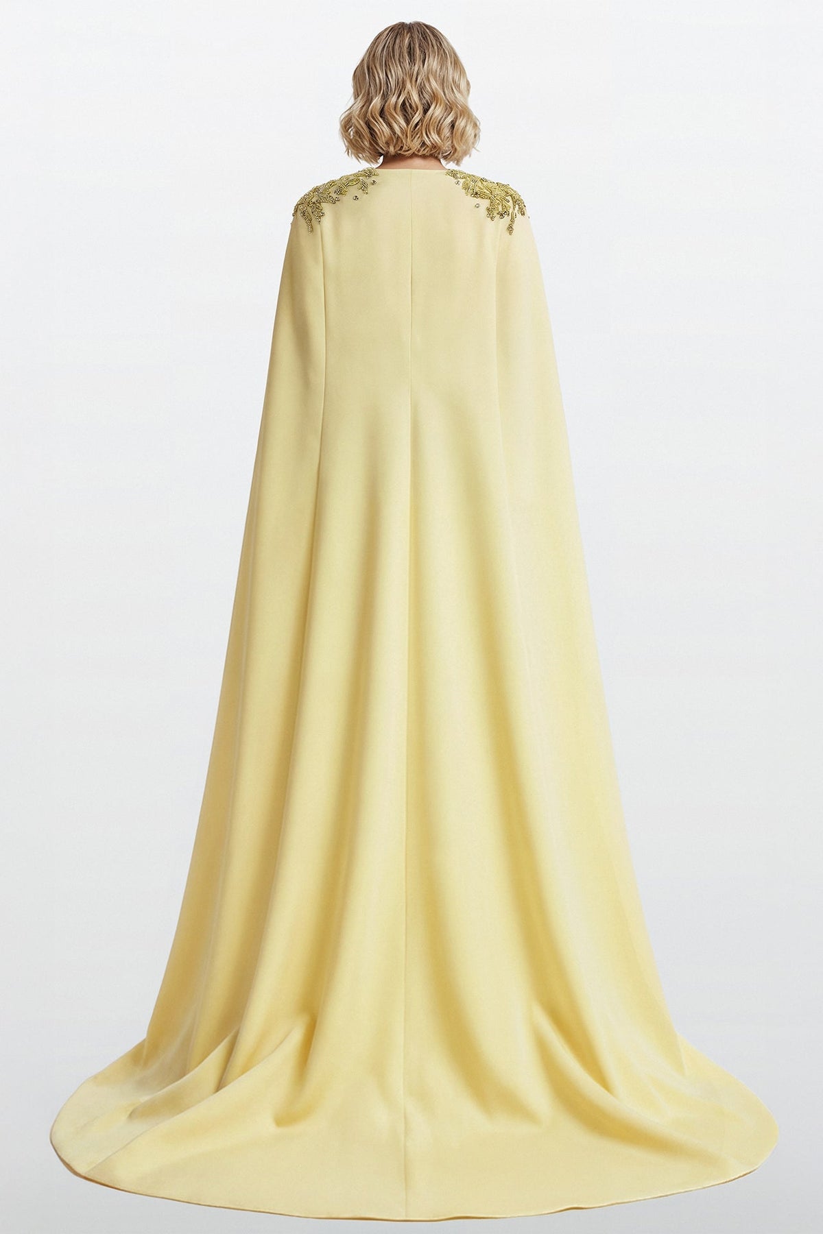 Leaf-Embroidered Cape Gown