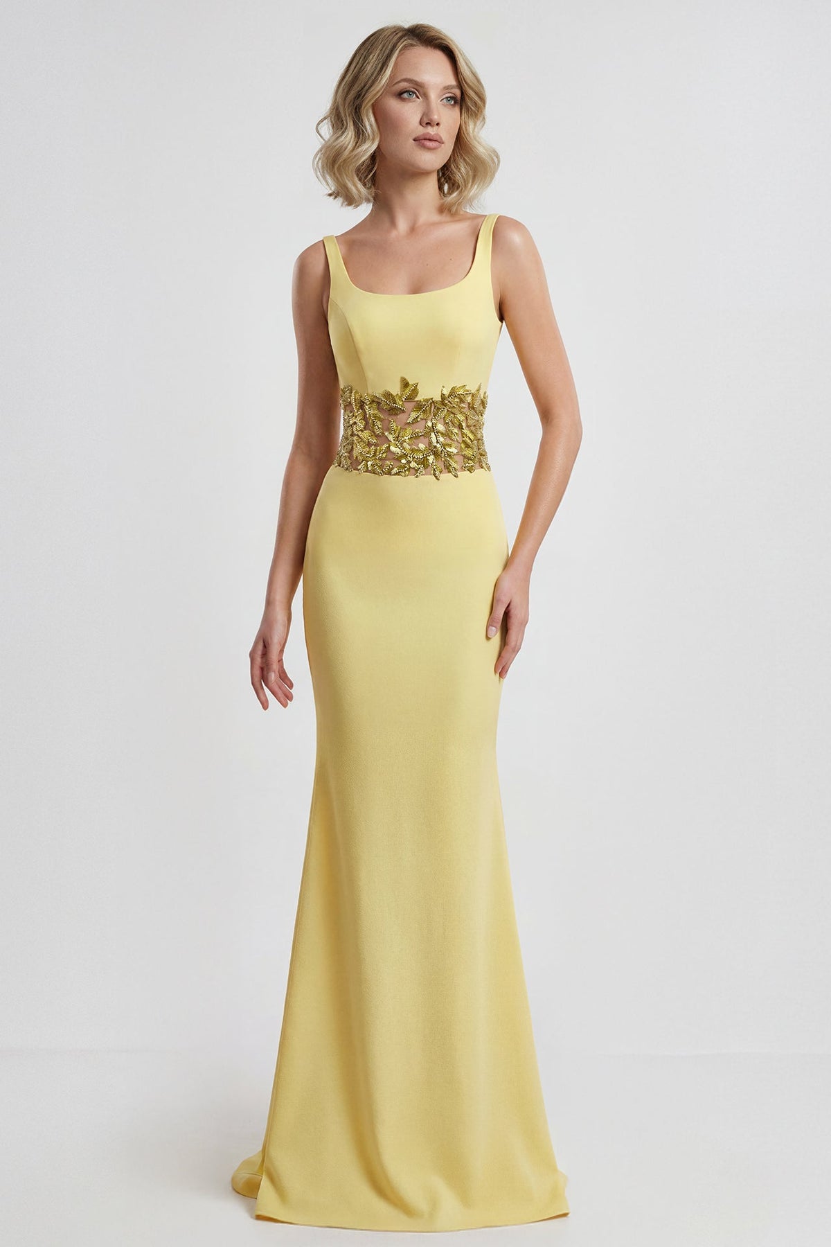 Scoop-Neck Embroidered Waist Gown