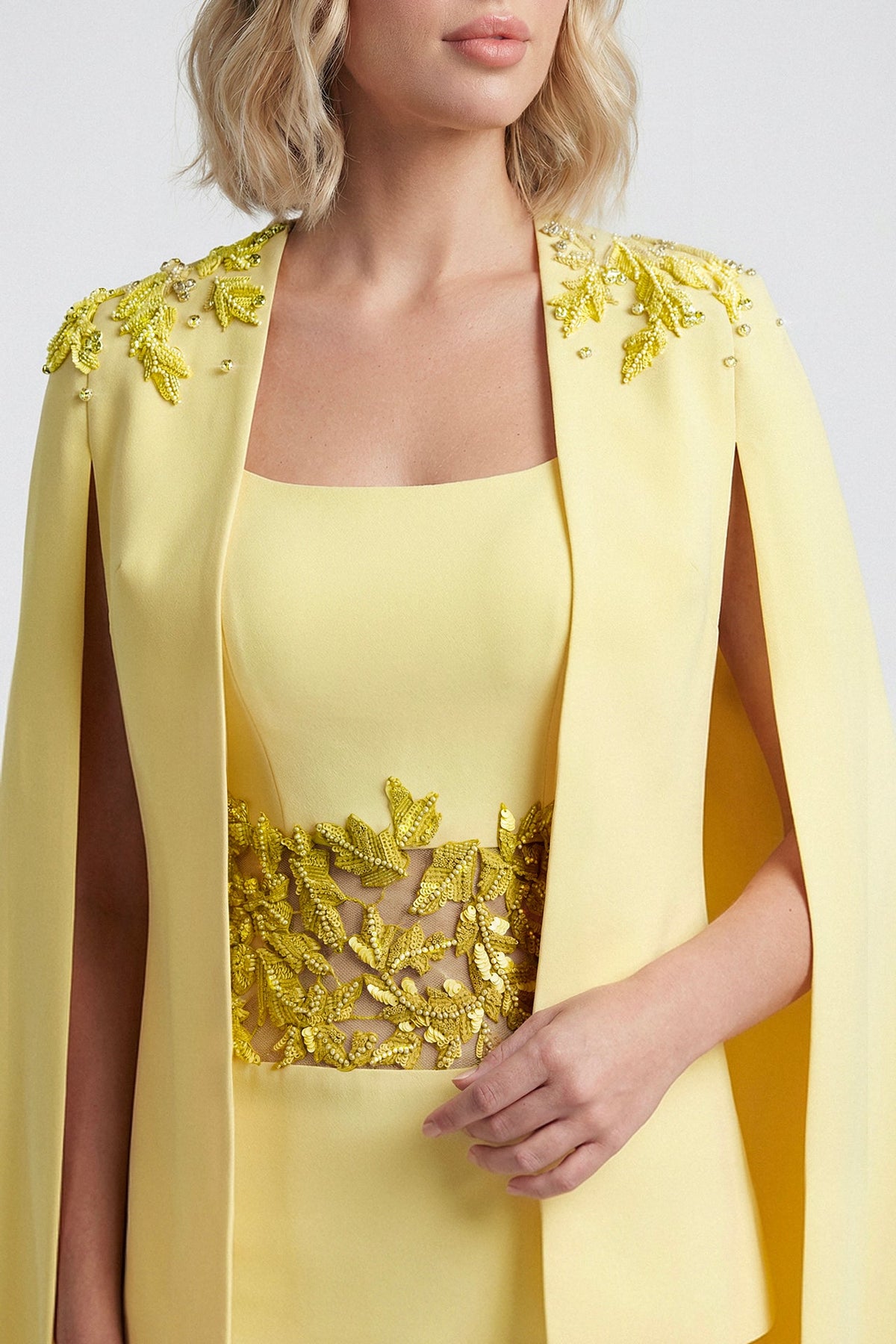 Leaf-Embroidered Cape Gown