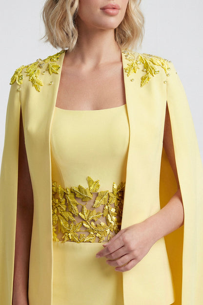 Leaf-Embroidered Cape Gown
