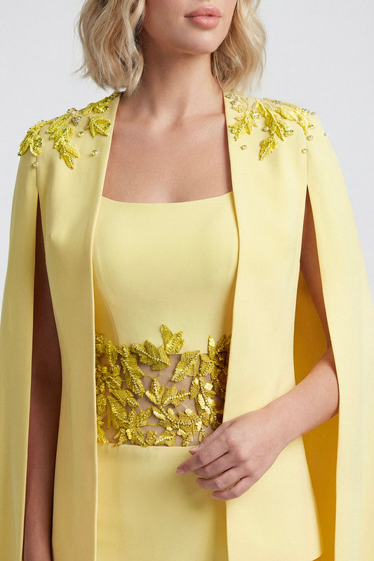 Leaf-Embroidered Cape Gown