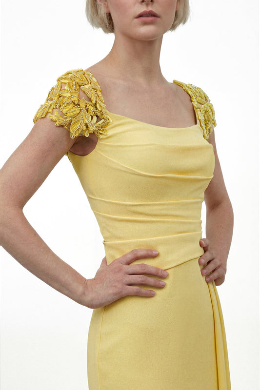 Embroidered Cap-Sleeve Slit Gown
