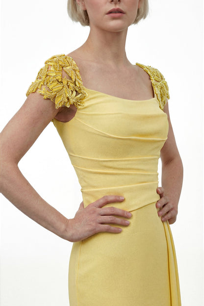 Beaded Leaf Cap-Sleeve Gown