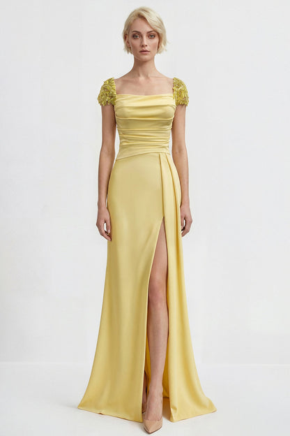 Embroidered Cap-Sleeve Slit Gown