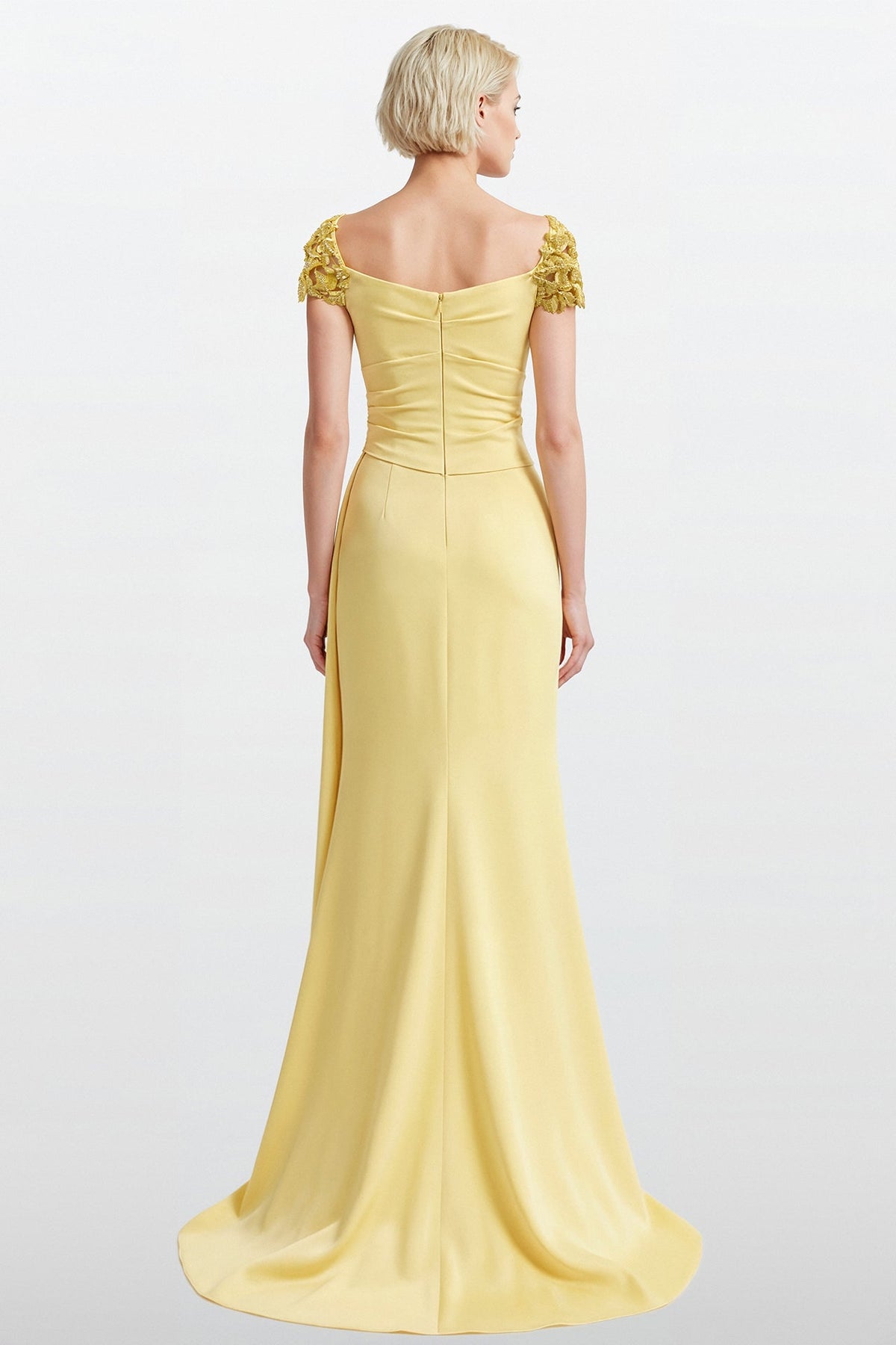 Beaded Leaf Cap-Sleeve Gown
