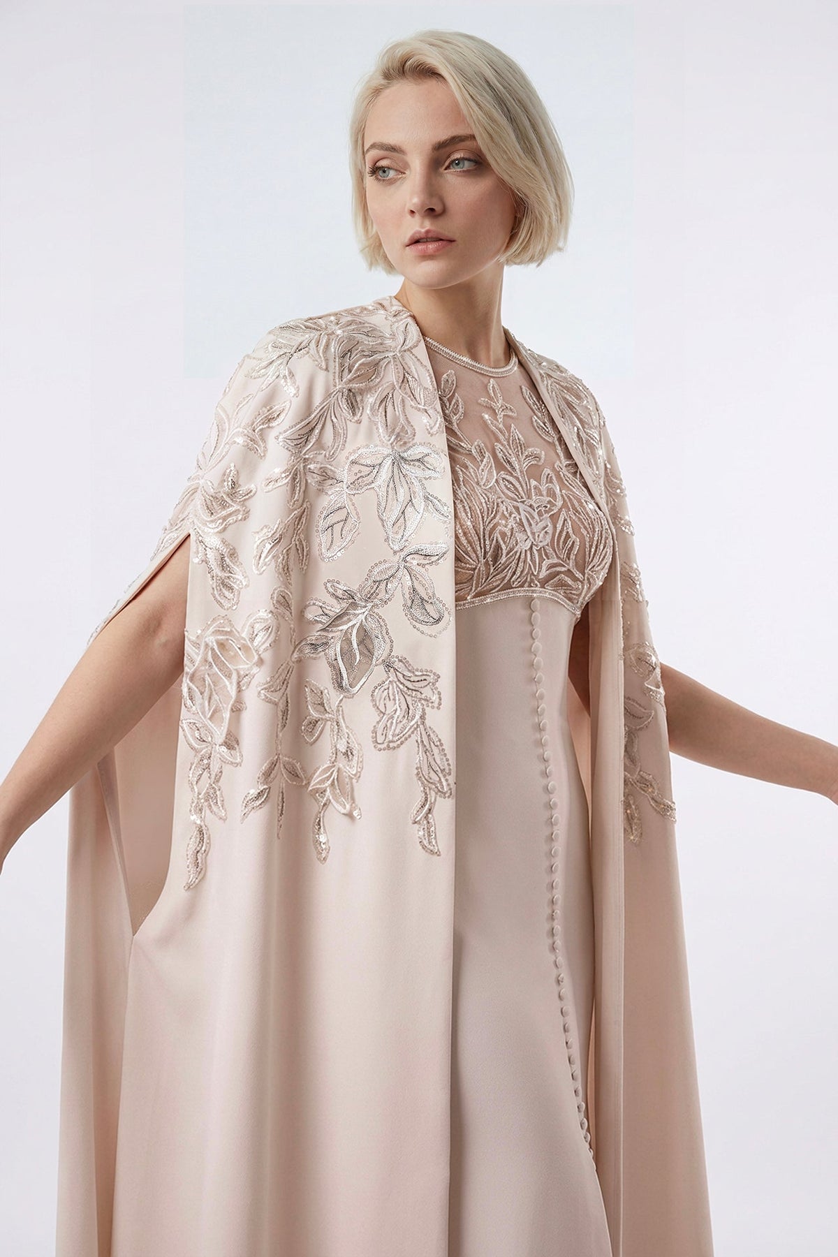 Embroidered Cape Illusion Gown