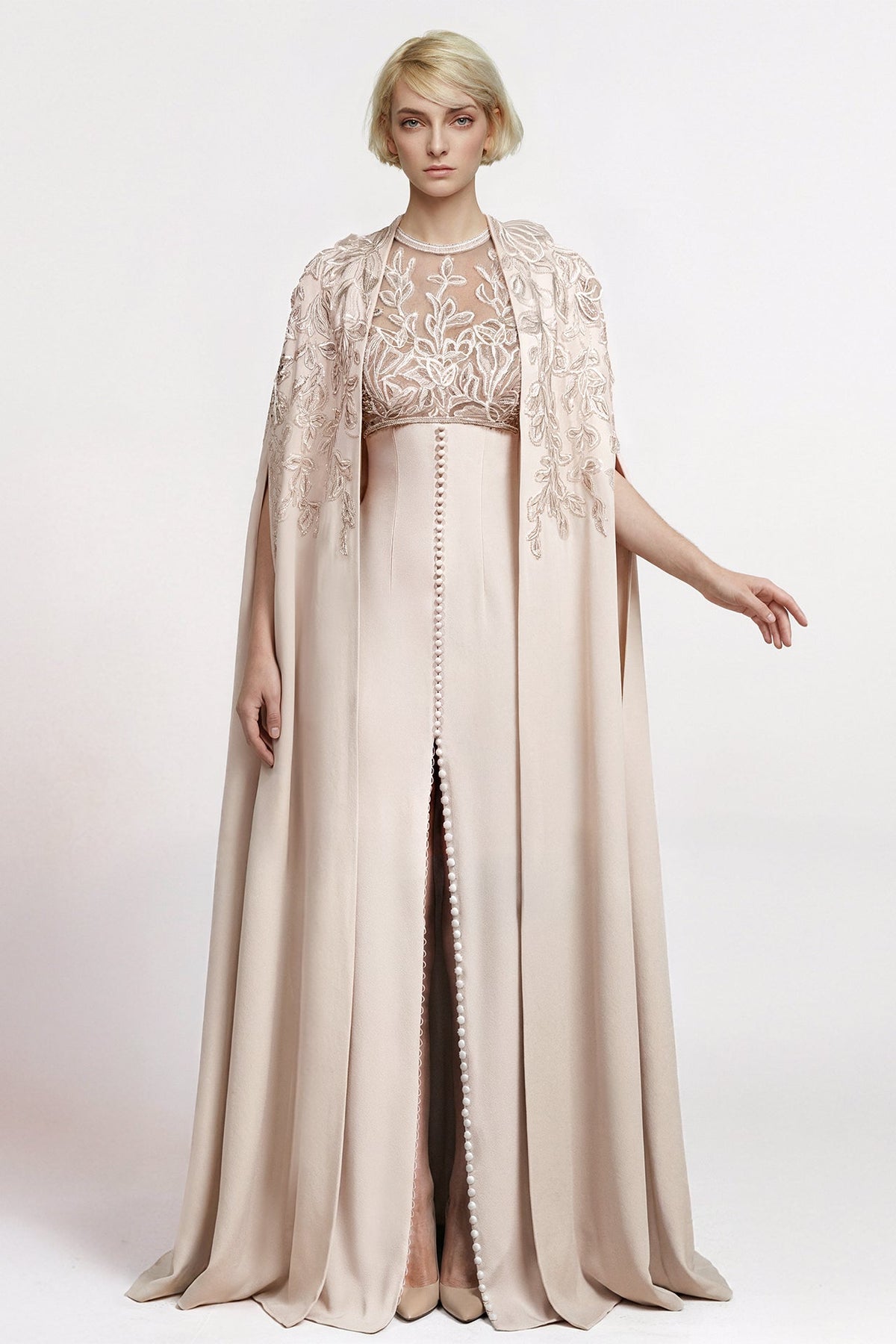 Embroidered Cape Illusion Gown