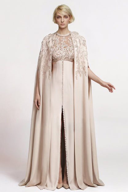 Embroidered Cape Illusion Gown
