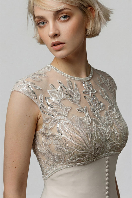 Button-Front Illusion-Yoke Gown