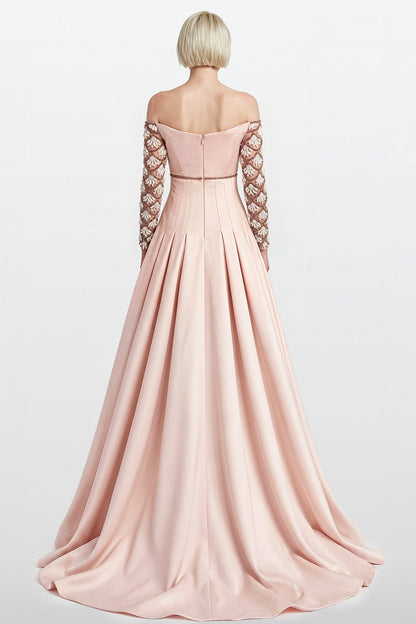 Off-Shoulder Beaded-Sleeve Gown