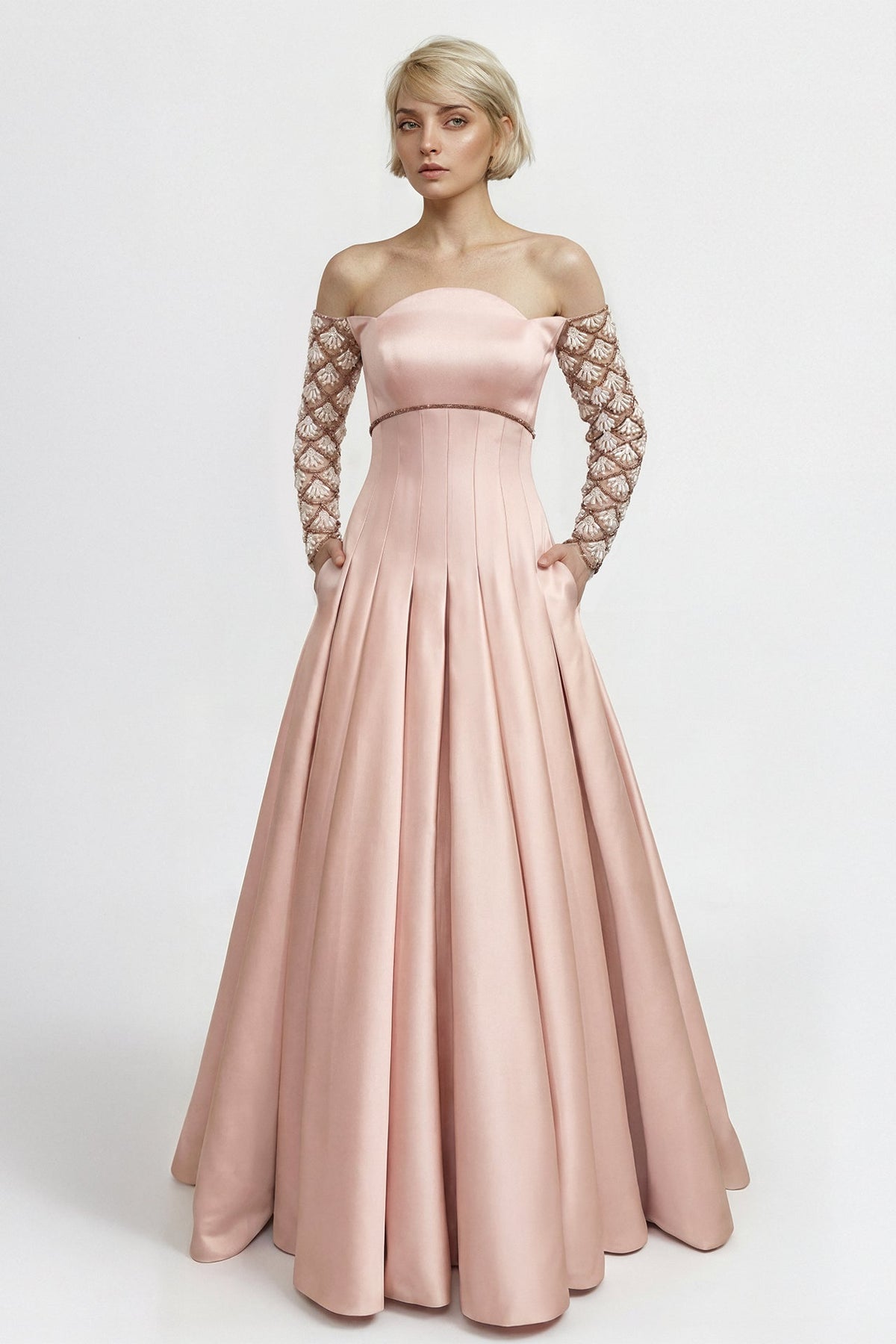 Off-Shoulder Beaded-Sleeve Gown